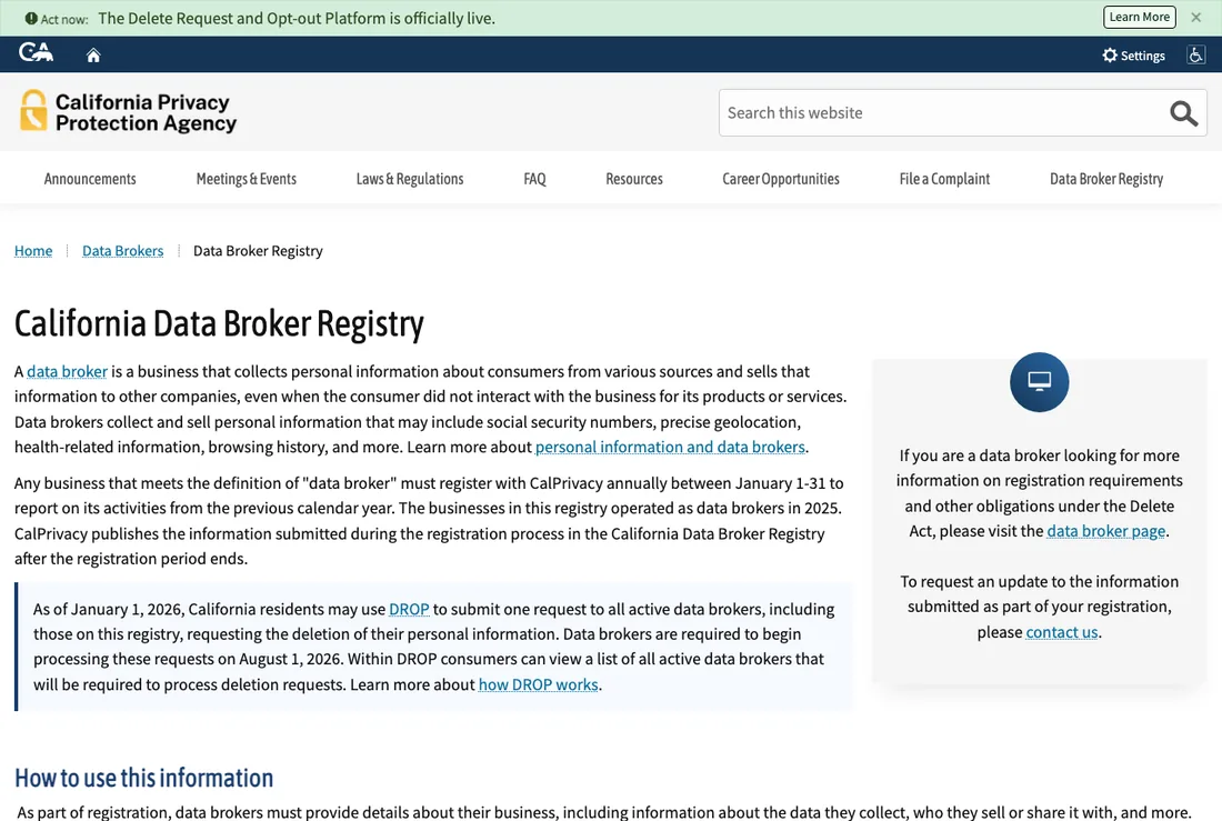 The California data broker registry, listing companies required to register with the state