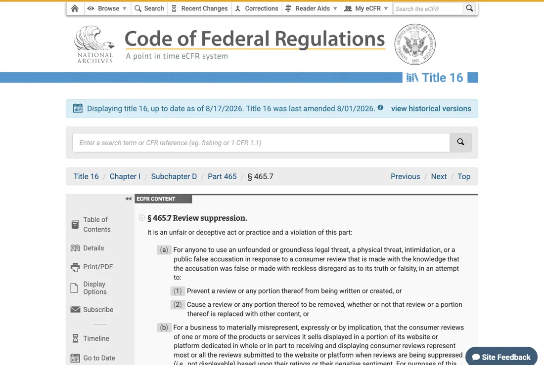 The text of 16 CFR 465.7, Review suppression, on the eCFR