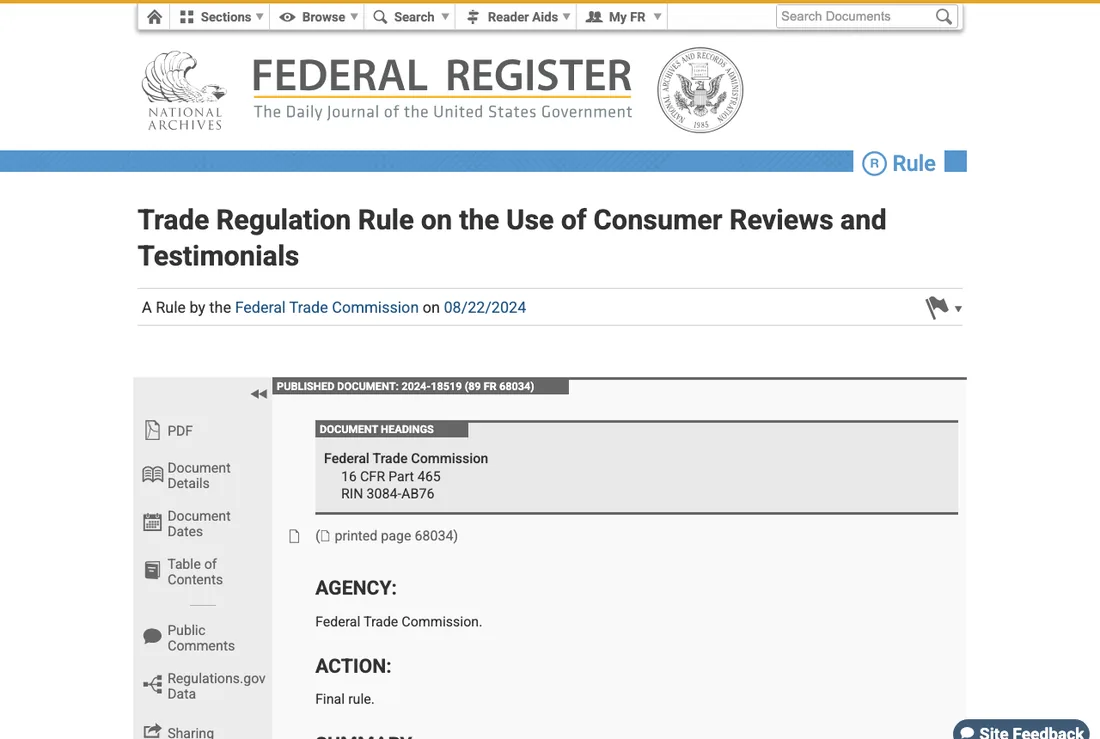 The FTC Trade Regulation Rule on the Use of Consumer Reviews and Testimonials as published in the Federal Register