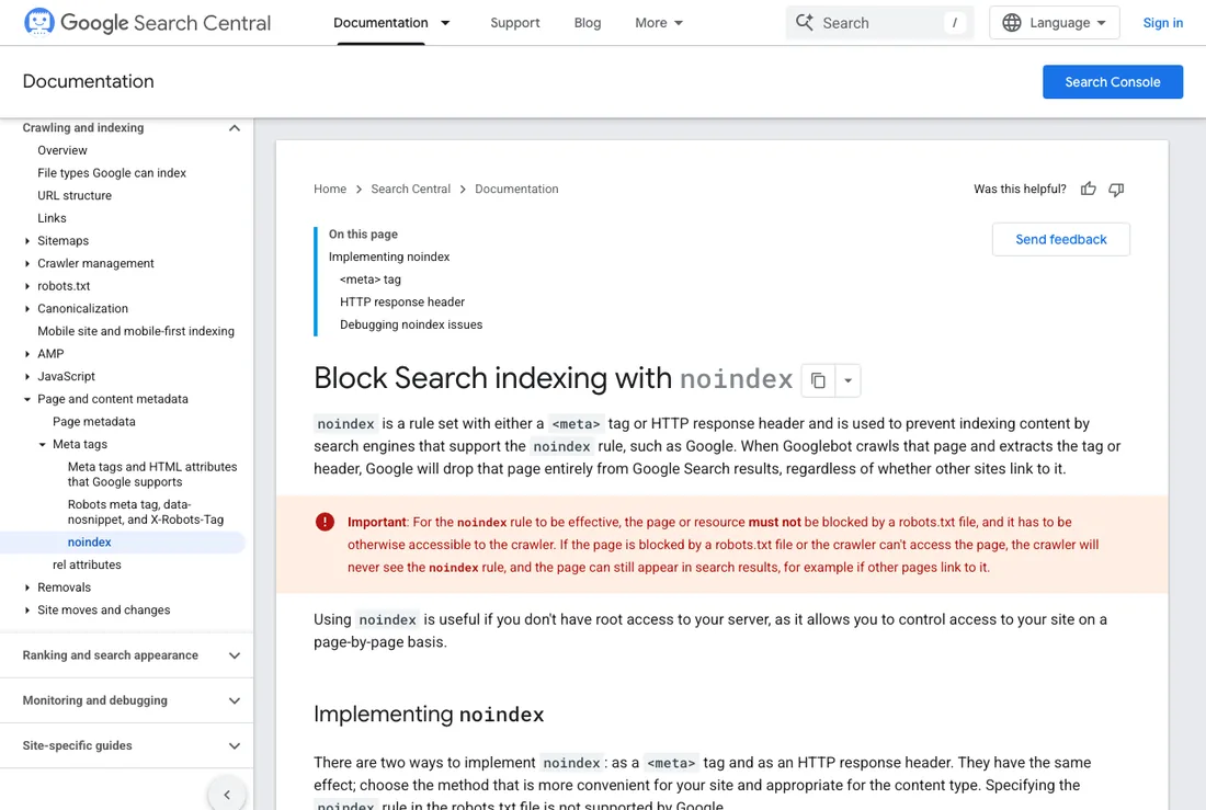 Google Search Central documentation explaining the noindex rule and how it blocks a page from Search