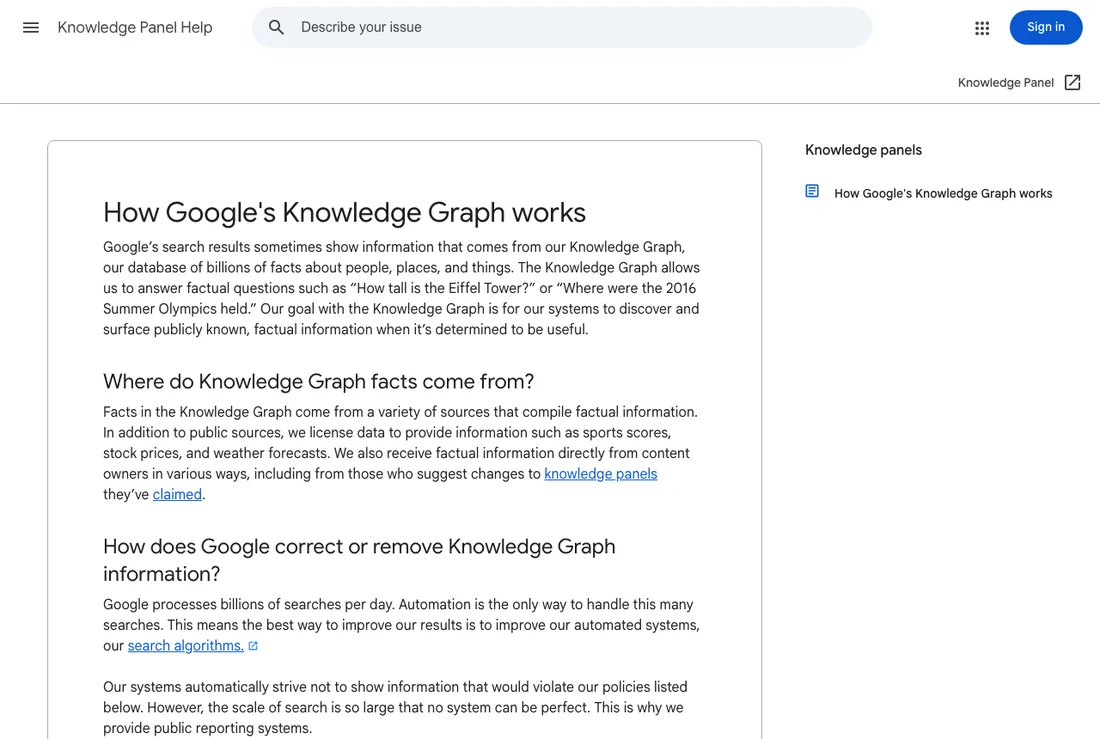 Google's page on claiming a knowledge panel and suggesting changes