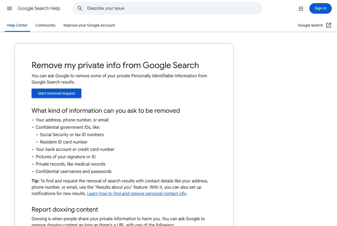 Google's policy on removing personal information from Search results