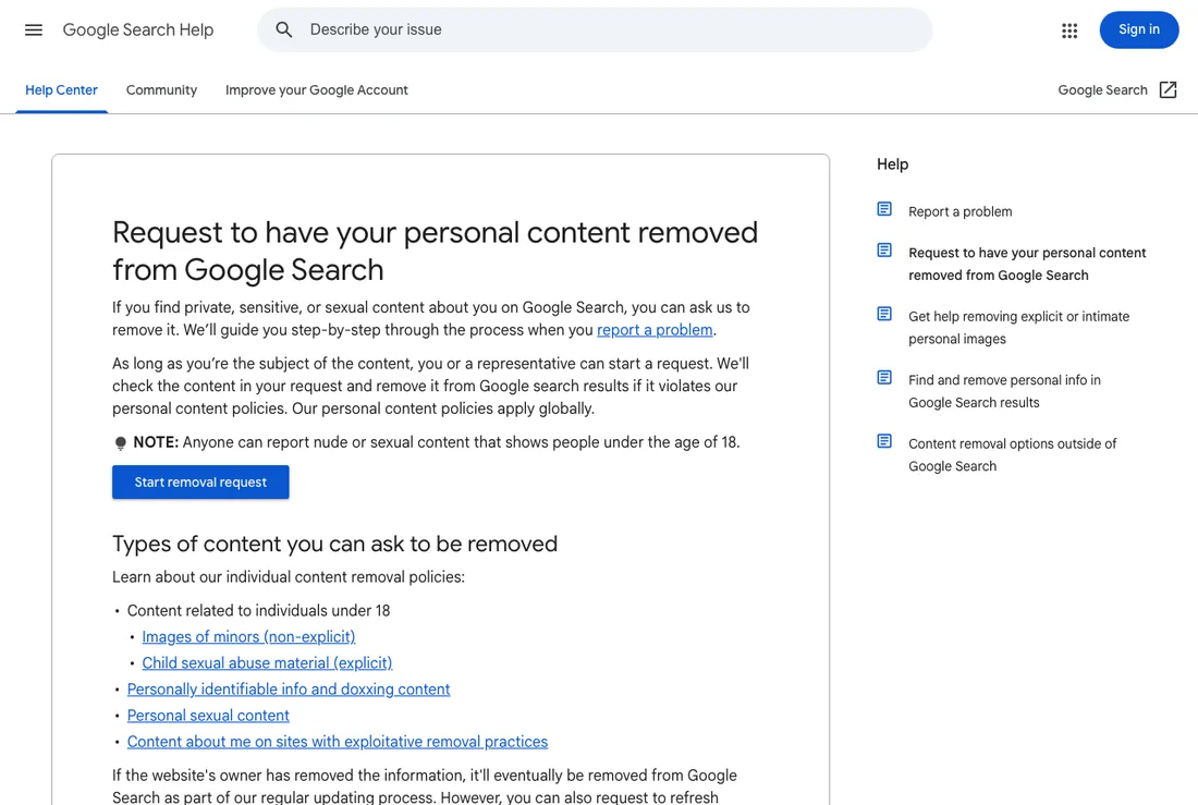 Google's content removal troubleshooter, which routes a request by the type of content involved
