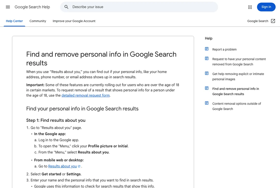 Google's Results About You tool, which finds search results containing personal contact details