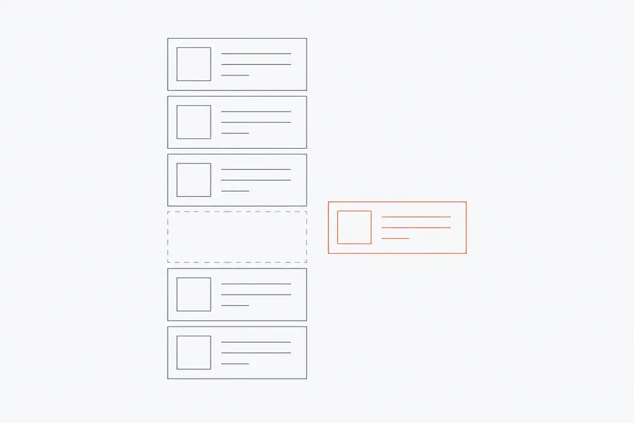 A search result card lifted out of a stack leaving a gap, illustrating content removal and suppression