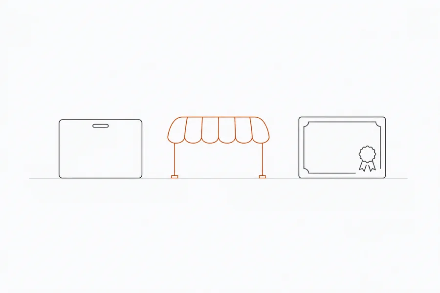 A name badge, a shop awning and a certificate in a row, illustrating who needs reputation management
